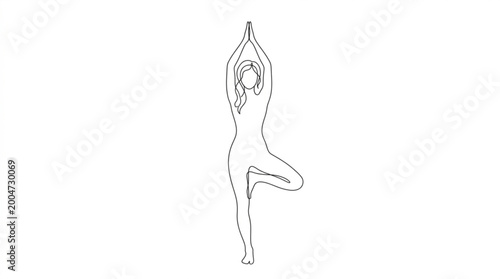 Woman in tree pose, Vrksasana, practicing yoga in a minimalist line drawing, symbolizing balance.