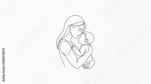 Tender moment of mother holding baby close in a minimalist line art drawing, symbolizing love.
