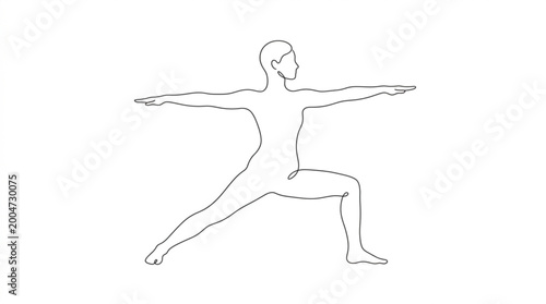 Person in warrior II pose, Virabhadrasana II, practicing yoga in a minimalist line drawing, symbolizing strength.