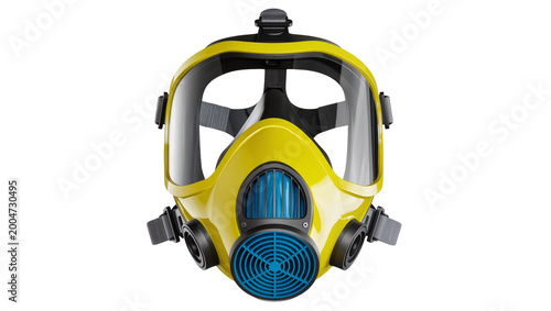 Canvastavla Bright yellow full face respirator with blue filters, isolated on transparent ba