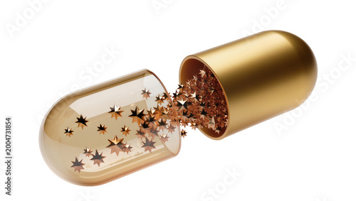 Konstfotografi Golden capsule spilling star-shaped glitter, isolated on transparent background