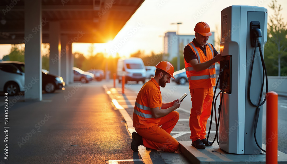 Obraz premium Two male technicians in orange vests install an EV charging station. One checks a tablet while the other works on the unit. Cars are parked nearby at sunset.