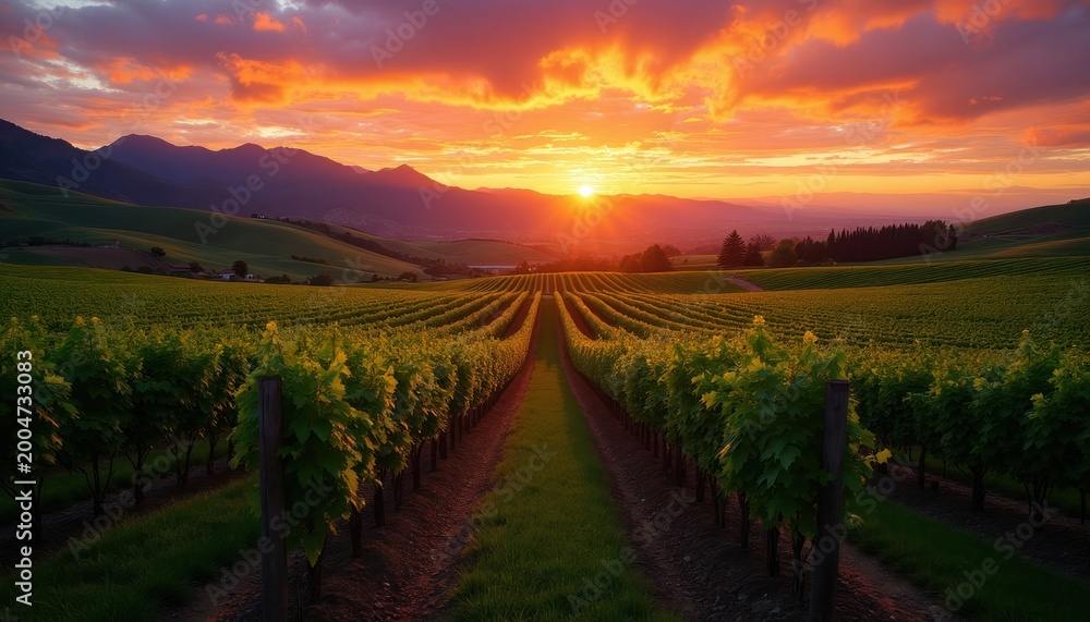 Fototapeta premium Vineyard rows under dramatic sunset sky with mountains. Green hills, grapevines ready for harvest. Golden hour light paints landscape. Peaceful rural winery scene.