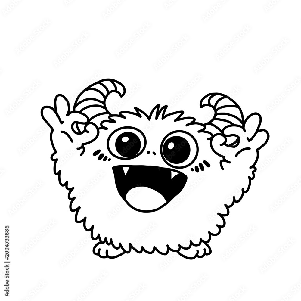 Naklejka premium Cute fluffy monster character illustration (raising hands, happy expression, simple line art)