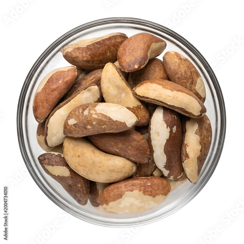 Top View of Raw Brazil Nuts in Bowl Isolated on White Background