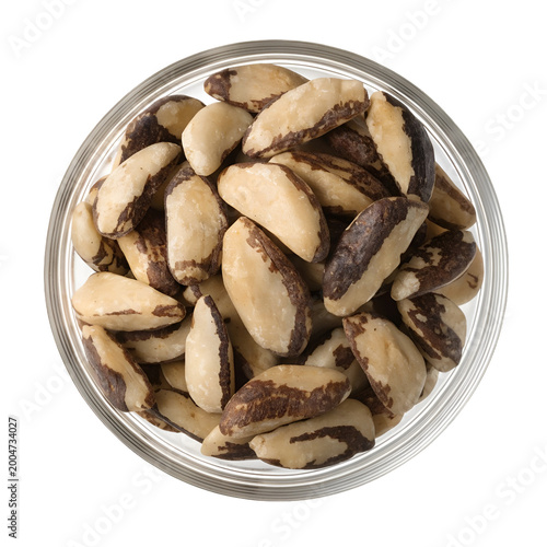 Top View of Raw Brazil Nuts in Bowl Isolated on White Background