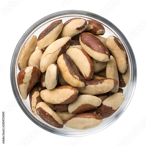 Top View of Raw Brazil Nuts in Bowl Isolated on White Background