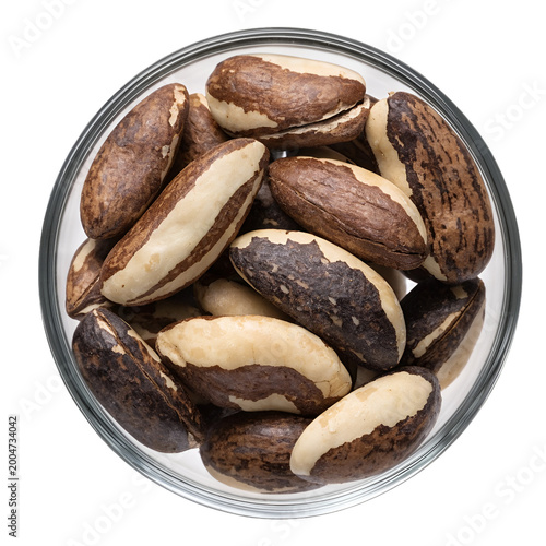 Top View of Raw Brazil Nuts in Bowl Isolated on White Background