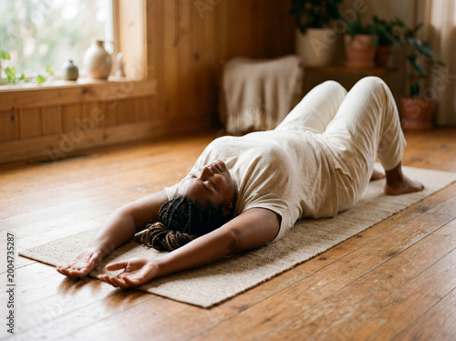 Warm editorial of diverse women in quiet solo moments — journaling, stretching, resting. Soft daylight, minimal interiors, film grain. Wellness and mindfulness lifestyle.