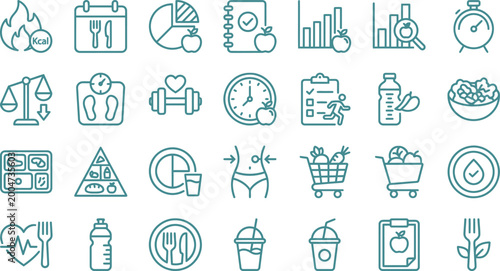 Картината върху платно A collection of teal line icons illustrating various concepts of healthy eating