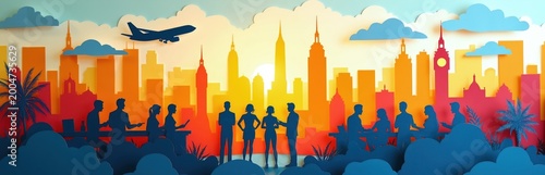 Silhouettes of diverse people in discussion against vibrant paper cut city skyline. Airplane flies overhead, global business, travel connections. Figures interact, collaborate, work, suggesting