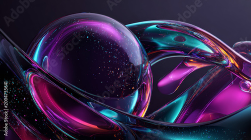 3d render abstract background on dark background, Transparent glossy glass, Colorful curve glass with dispersion.