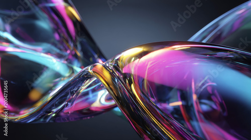 3d render abstract background on dark background, Transparent glossy glass, Colorful curve glass with dispersion.