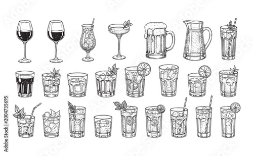 Assorted drink glasses with ice cubes and fruit slices in hand drawn vector style.