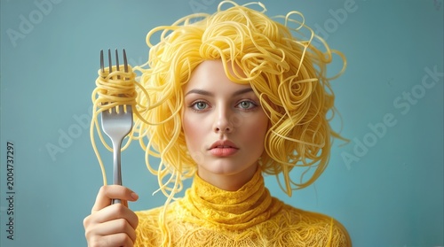 Woman with hair made of yellow pasta holding a fork. Surreal food art concept featuring a person with noodle hairstyle against a blue background.
