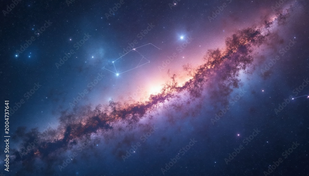 Fototapeta premium Cosmos with bright star cluster and nebula. Galactic dust clouds swirl in deep space. Constellations connect stars creating patterns in the universe.