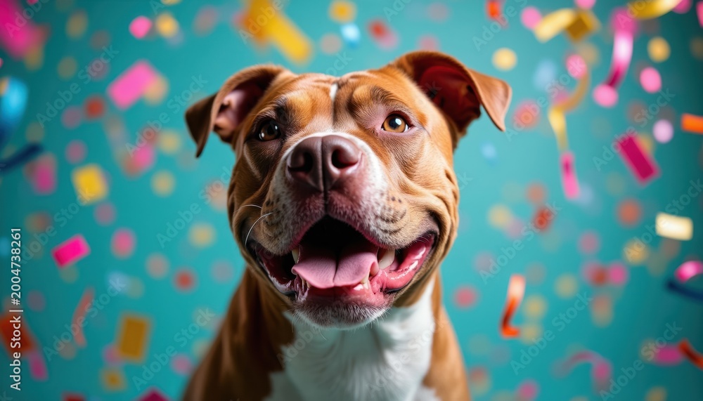 Obraz premium Happy pitbull dog smiles during a party with colorful confetti falling. Dog celebrates birthday with festive streamers and balloons. Fun canine enjoys special event with joyful expression.