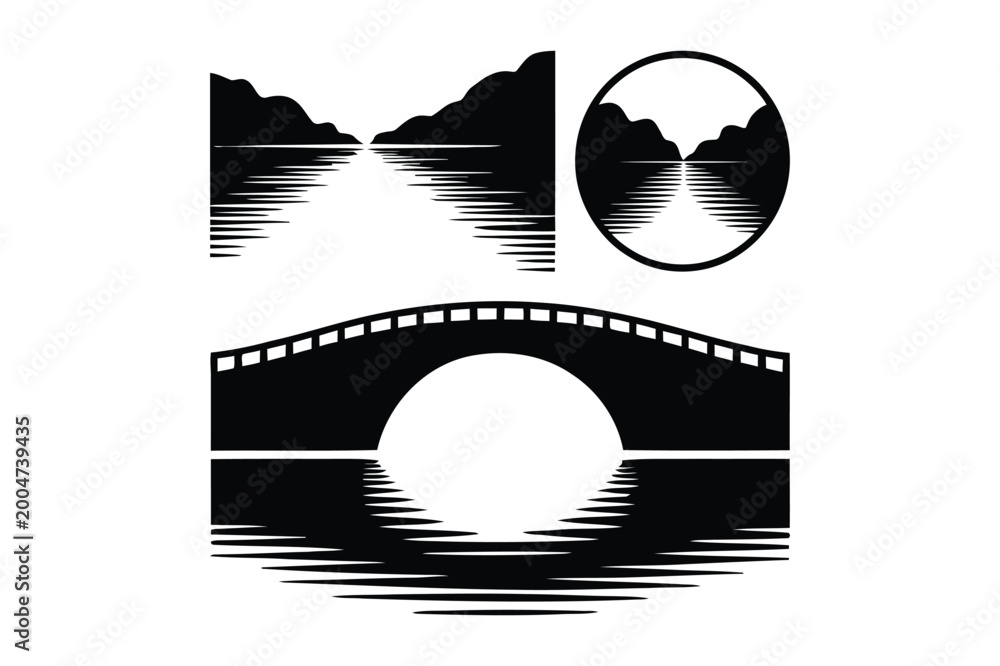 Fototapeta premium Landscape scenes with mountains lake and arched stone bridge silhouette