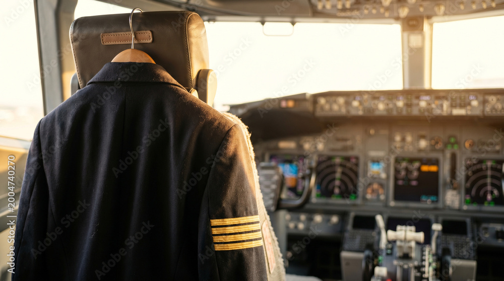 Fototapeta premium Commercial pilot jacket hanging in empty airplane cockpit