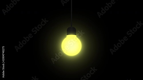 Glowing hanging yellow light bulb seamless loop animation with random flickering effect with alpha matte. 4K animated flickering yellow bulb for overlay, cinematic video editing, and motion graphics.
