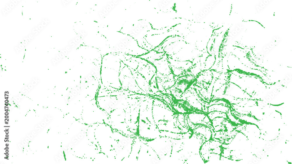 Fototapeta premium Abstract green tangled lines chaotic knot on white background, distressed grunge scribbles halftone dot trails, rough vector noise texture background