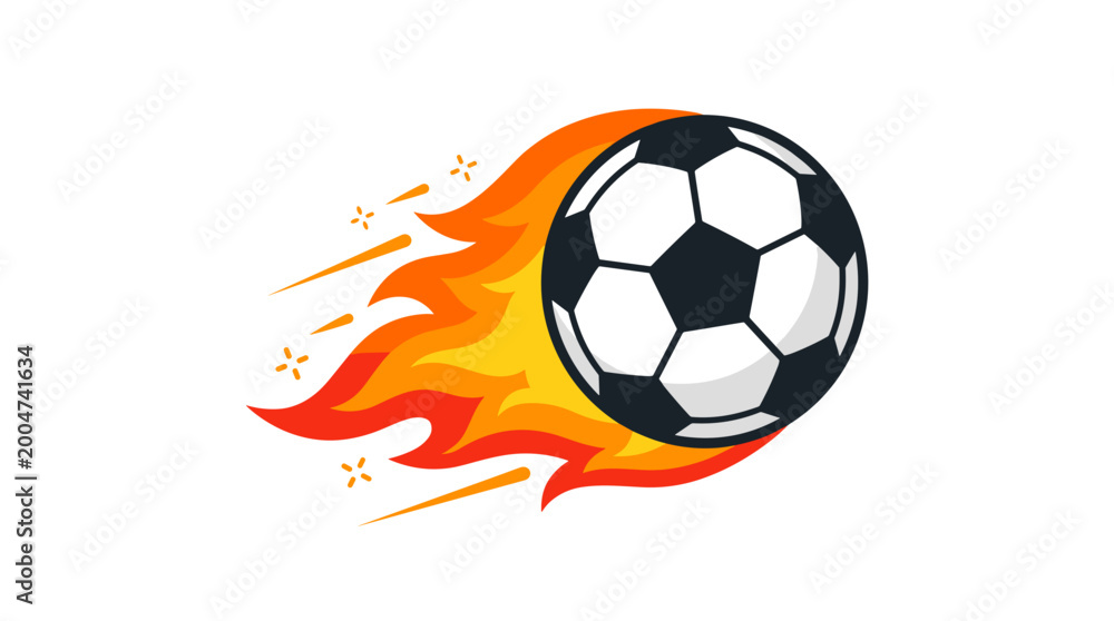 Fototapeta premium A classic soccer ball intensely burns with vibrant orange and yellow flames.