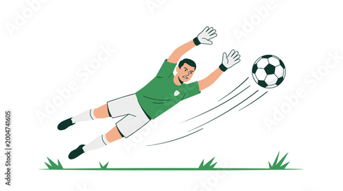 A male soccer goalkeeper dives horizontally to save a fast-approaching ball.