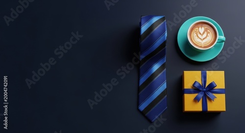 Father day gift concept featuring blue striped tie coffee and yellow present box.