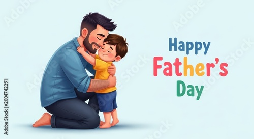 Happy fathers day illustration father hugging son.