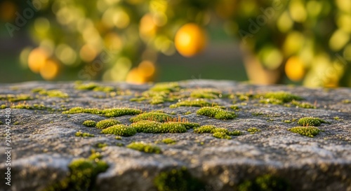 A close-up of a rough stone surface covered in green moss with a bright, blurry orange grove in the distance