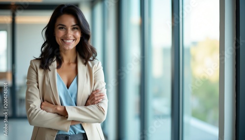Confident Asian woman in business suit stands with arms crossed near window. Smiling lady wears light blue top, light brown blazer. She works in modern office space. Free Download Confident Asian woman in business suit stands with arms crossed near window. Smiling lady wears light blue top, light brown blazer. She works in modern office space. - GFXLoad