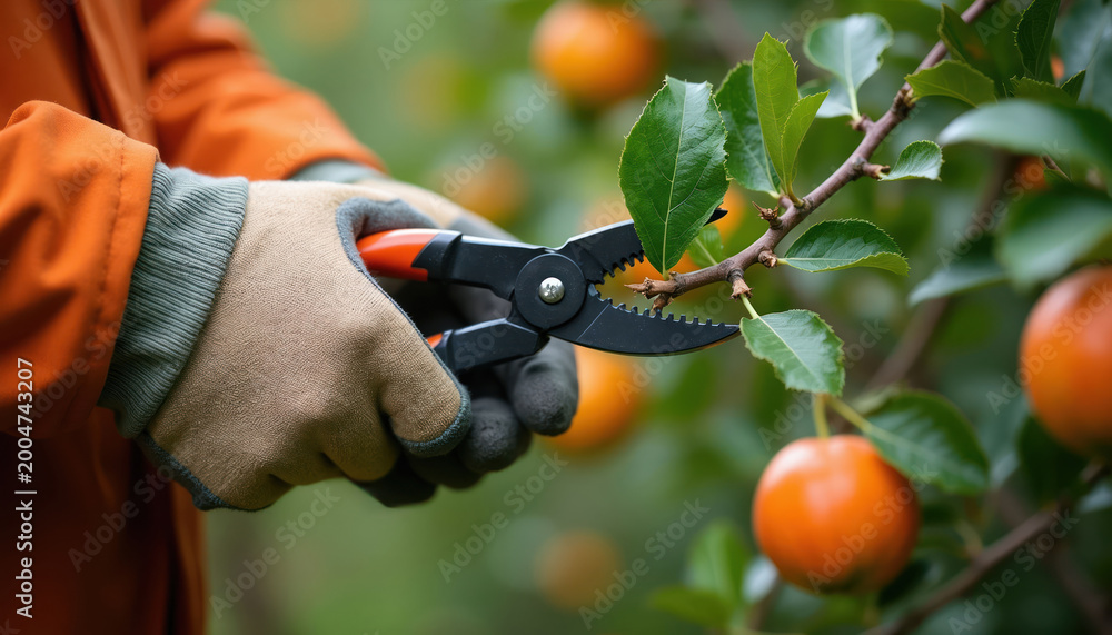 Fototapeta premium Person wears gloves, uses shears to trim tree branch with ripe orange fruits. Focus on pruning action in orchard setting. Healthy growth and harvest preparation.