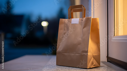 Contactless Delivery: Brown Paper Bag with Takeout Food or Groceries Left on Porch at Night for Customer Convenience and Safety