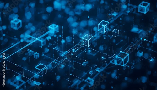Artificial intelligence blockchain transaction background with glowing blue cubes and lines on dark