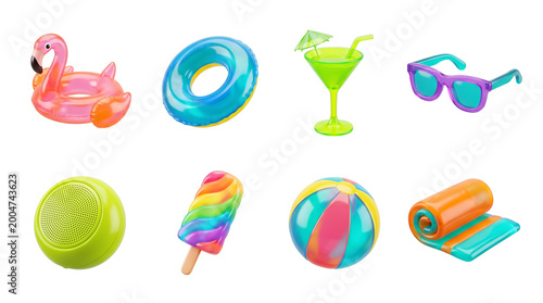 Collection of 3D summer beach and pool icons, transparent background