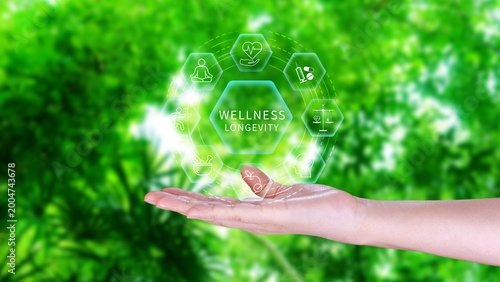 Wellness. Wellness longevity and Holistic Concept, health care, including mental wellbeing, fitness, nutrition, sleep, relationships and financial balance, Personal development and balance. not ai