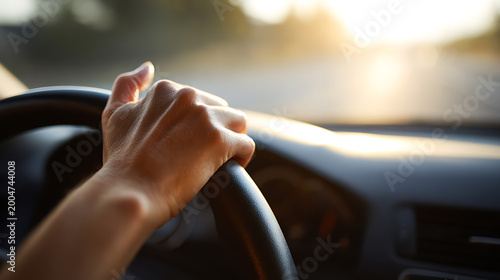 Close-up of a hand on a car steering wheel with a sunny road ahead, evoking travel, adventure, freedom, and the open road at golden hour