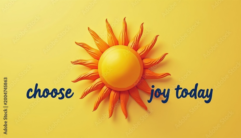 Naklejka premium Radiant sun graphic with text choose joy today. Bright yellow background. Symbolizes happiness, optimism, and positive mindset. Motivational quote for daily inspiration and well-being.