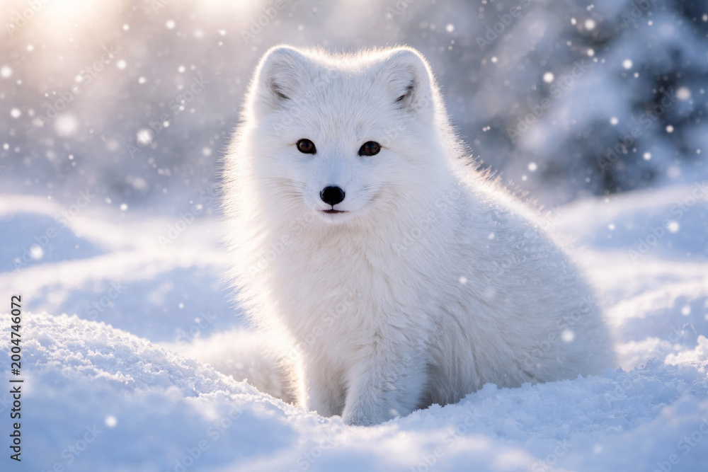 Fototapeta premium Arctic fox sitting in snow during winter snowfall moment