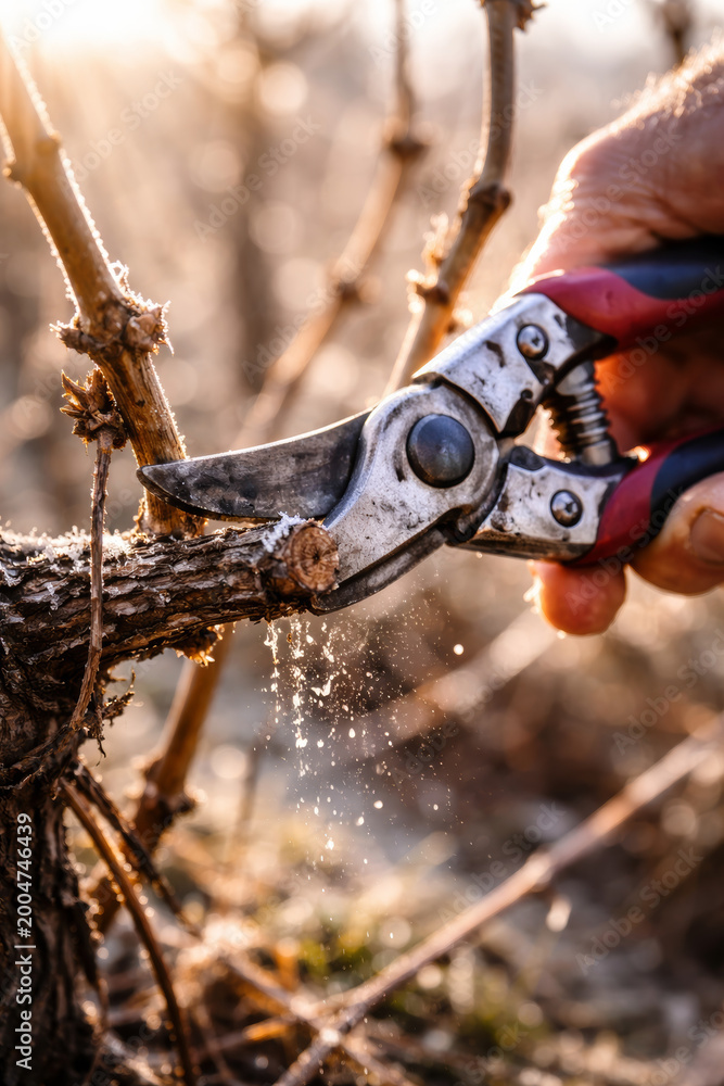 Naklejka premium Pruning branches with shears in a sunlit vineyard setting
