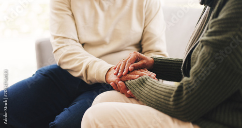 Cuadro en lienzo Holding hands, love and support with old couple in home for empathy, connection and trust