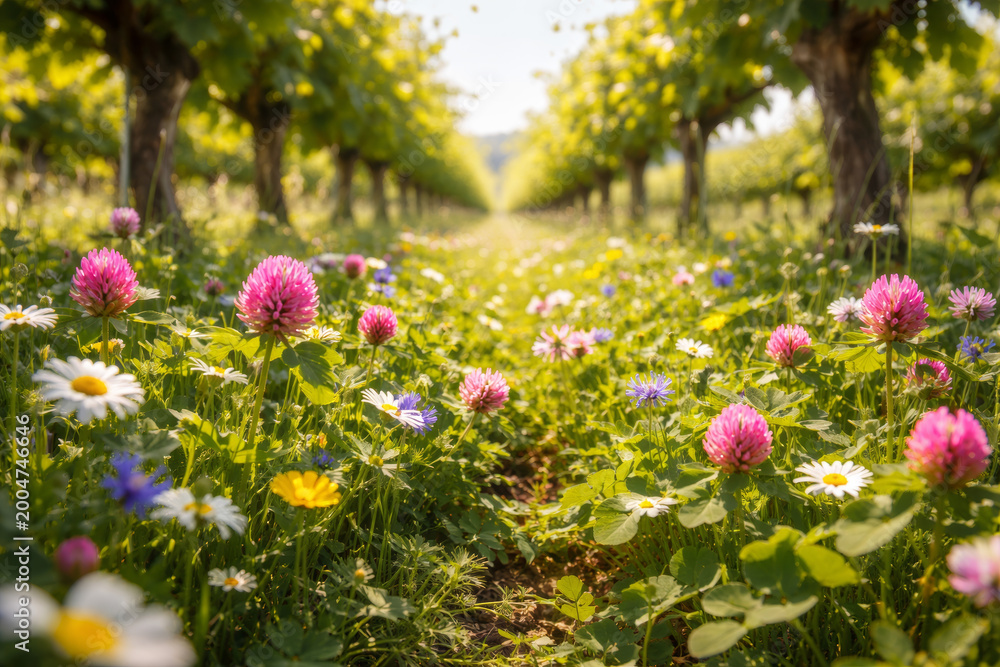 Fototapeta premium Colorful wildflowers blooming in sunny vineyard landscape