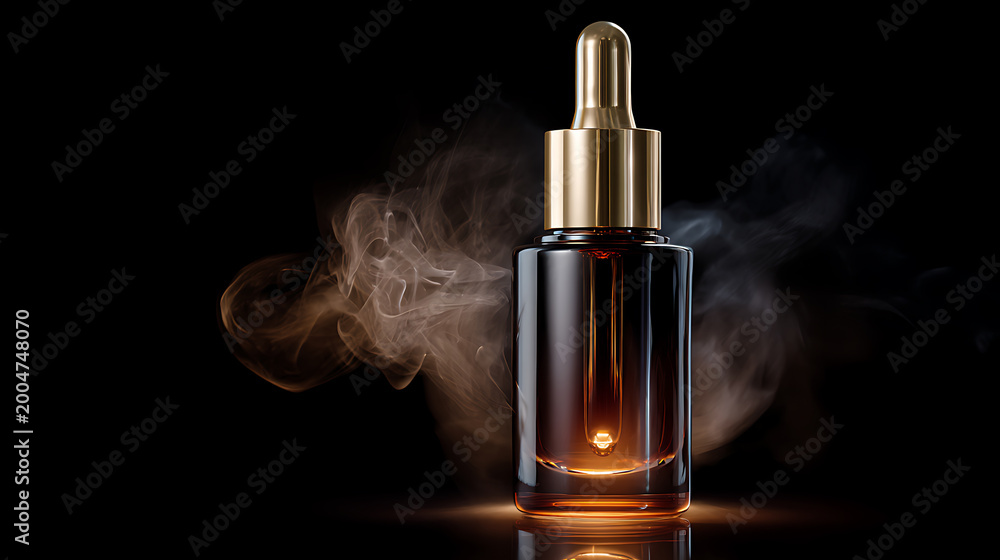 Fototapeta premium Elegant Dropper Bottle with Golden Liquid and Soft Smoke on Black Background - Skincare, Cosmetic, and Health Product Photography