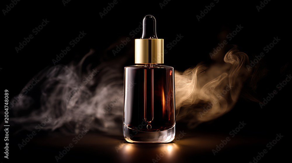 Naklejka premium Elegant Dropper Bottle with Golden Cap and Amber Liquid Amidst Swirling Smoke on Black Background - Premium Skincare Beauty Product Mockup