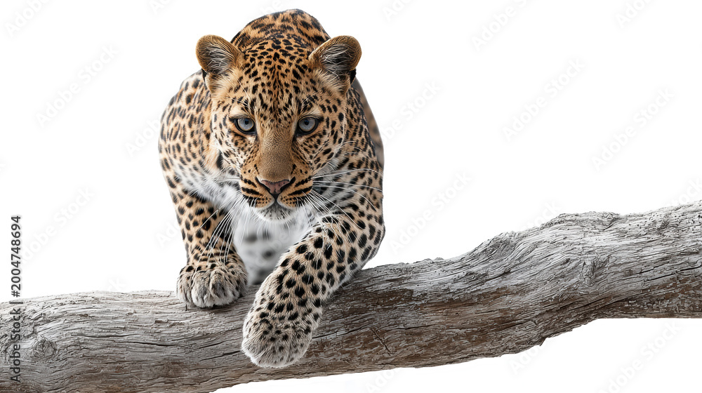 Naklejka premium Leopard stalking forward on weathered tree branch isolated on transparent background