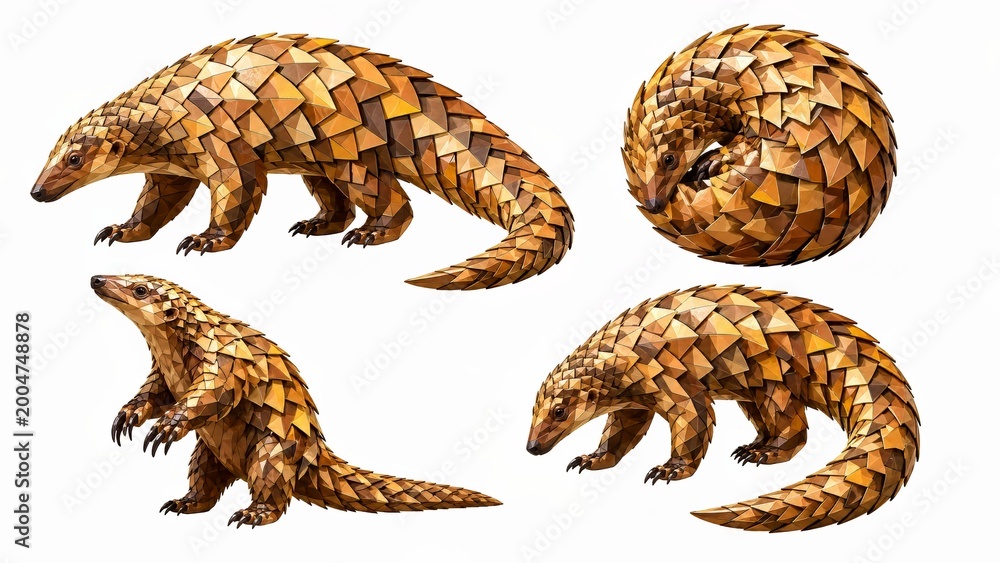 Fototapeta premium Low poly pangolin character set for endangered wildlife conservation concept