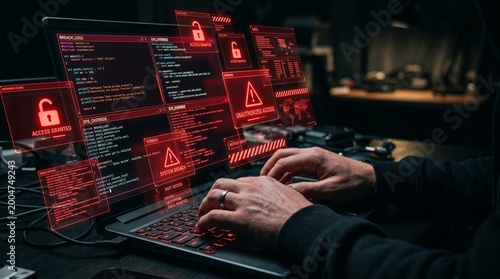 Hacking and system intrusion. Unauthorized access and account takeover. Unlocked padlock icons. Hacker using laptop computer to steal data.