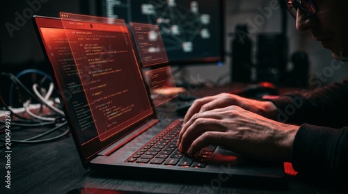 Hackers exploit vulnerabilities in source code to launch cyberattacks. Hacking and cybercrime concept.