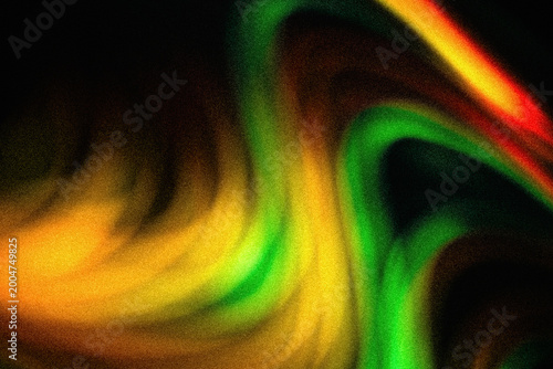 Grainy abstract background with a dynamic swirl of red yellow and green color bands on black