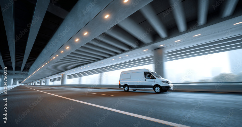 Obraz premium White delivery van driving fast under modern urban highway overpass with concrete pillars and ceiling lights